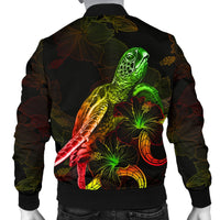 Papua New Guinea Polynesian Men's Bomber Jacket - Turtle With Blooming Hibiscus Reggae - Polynesian Pride