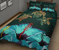 Personalized - Hawaii Map Turtle Hibiscus Polynesian Luxury Quilt Bed Set - Honu Ohana - Polynesian Pride
