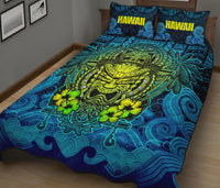 Hawaii Polynesian Quilt Bed Set - Hawaiian Green Yellow Tiki Face Blue Version - Polynesian Pride