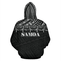 Samoa Polynesian All Over Hoodie Black White Heartbeat Style - Polynesian Pride