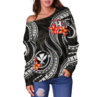 Polynesian Hawaii Women Off Shoulder Sweater - Black Plumeria - Polynesian Pride
