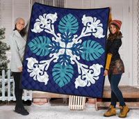 Hawaiian Leaves Tropical Pattern Premium Quilt - Blue - Argu Style - AH - Polynesian Pride