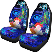 Polynesian Hawaii Car Seat Covers - Kanaka Maoli Humpback Whale with Tropical Flowers (Blue) - Polynesian Pride