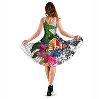 Tahiti Midi Dress White - Turtle Plumeria Banana Leaf - Polynesian Pride