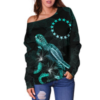 Cook Islands Polynesian Women's Off Shoulder Sweater - Turtle With Blooming Hibiscus Turquoise - Polynesian Pride