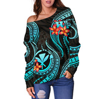 Polynesian Hawaii Off Shoulder Sweater - Turquoise Plumeria - Polynesian Pride