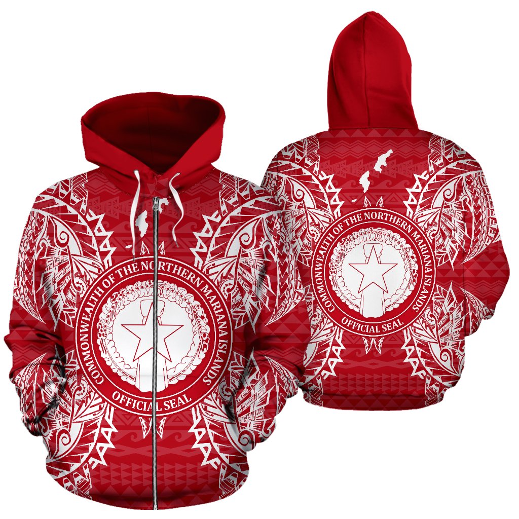 Northern Mariana Islands Polynesian All Over Zip up Hoodie Map Red White Unisex Red - Polynesian Pride