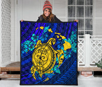Hawaii Polynesian Premium Quilt - Hawaii Yellow Turtle Map & Torquoise Hibiscus - Polynesian Pride
