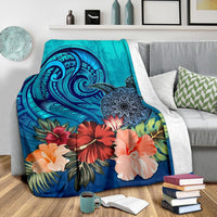 Turtle Polynesian Premium Blanket Hibiscus Polynesian Blue - Polynesian Pride