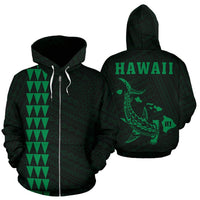 Hawaii Kakau Polynesian Green Hammerhead Shark Hoodie (Zip) Unisex Green - Polynesian Pride