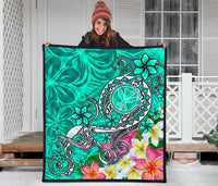 Hawaii Premium Quilt - Turtle Plumeria Polynesian Tattoo Turquoise Color - Polynesian Pride
