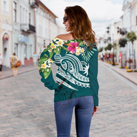Nauru Polynesian Women's Off Shoulder Sweater - Summer Plumeria (Turquoise) - Polynesian Pride