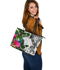 Chuuk Large Leather Tote Bag White - Turtle Plumeria Banana Leaf - Polynesian Pride