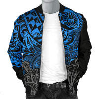 Tahiti Polynesian Men Bomber Jacket - Blue Turtle Hibiscus Flowing - Polynesian Pride