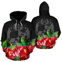 Tonga Polynesian Zip Hoodie Black Hibiscus Unisex Black - Polynesian Pride