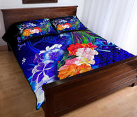 Yap Quilt Bed Set - Humpback Whale with Tropical Flowers (Blue) - Polynesian Pride