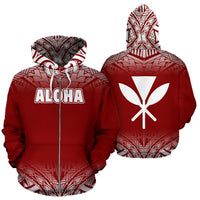 Aloha All Over Zip up Hoodie Fog Red Unisex Red - Polynesian Pride