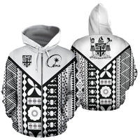 Fiji Tapa Rugby Zip up Hoodie Fiji Rugby Flag Coat of Arms Pattern Unisex White - Polynesian Pride