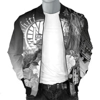 Tahiti Men's Bomber Jacket - Humpback Whale with Tropical Flowers (White) - Polynesian Pride