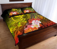 Polynesian Hawaii Quilt Bed Set - Kanaka Maoli Humpback Whale with Tropical Flowers (Yellow) - Polynesian Pride