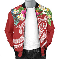 Papua New Guinea Polynesian Men's Bomber Jacket - Summer Plumeria (Red) - Polynesian Pride