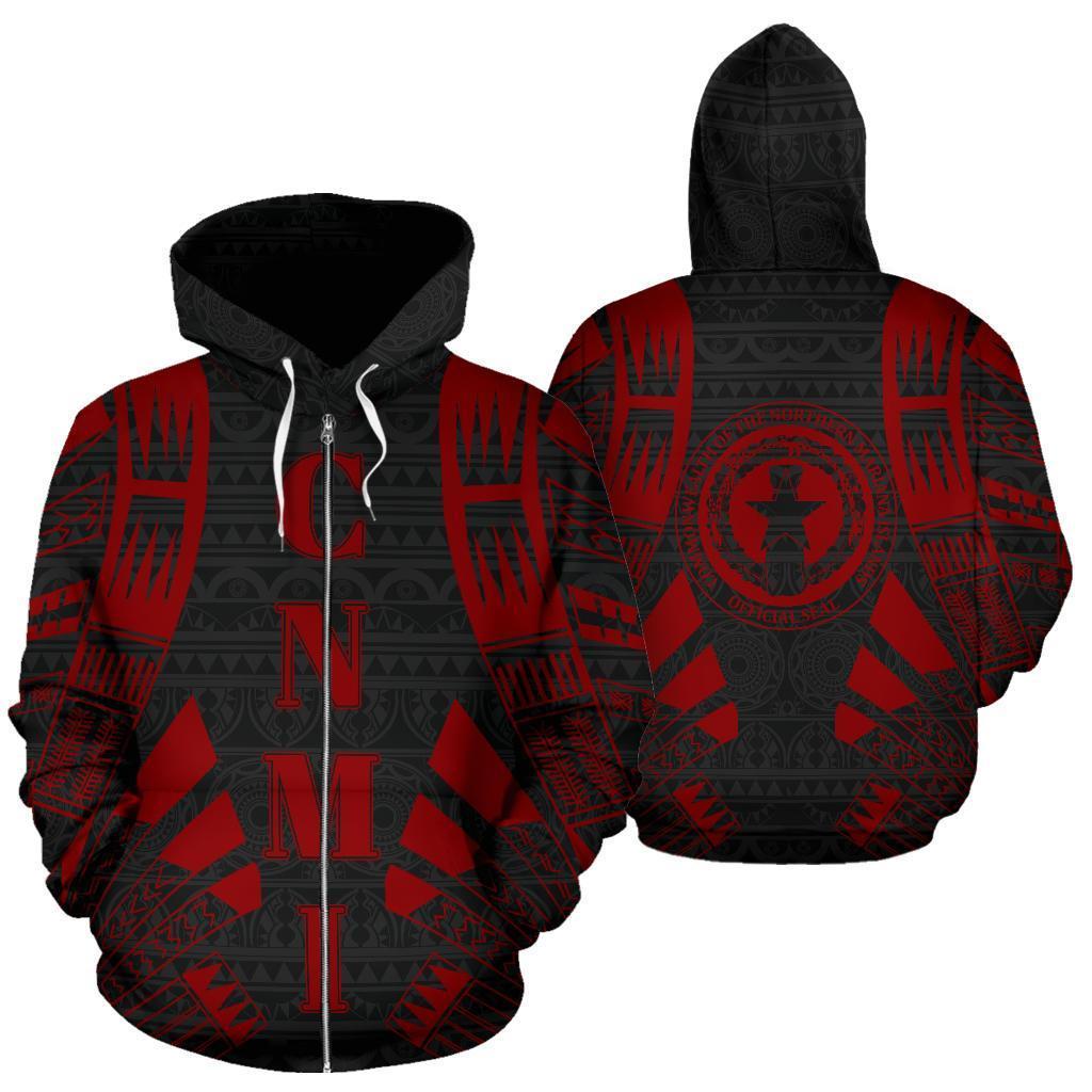 CNMI All Over Zip up Hoodie Red Tattoo Style Unisex Red - Polynesian Pride