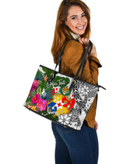 Tonga Custom Personalised Large Leather Tote White - Turtle Plumeria Banana Leaf - Polynesian Pride