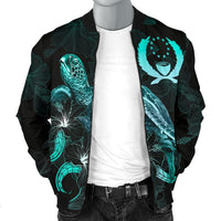 Pohnpei Polynesian Men's Bomber Jacket - Turtle With Blooming Hibiscus Turquoise - Polynesian Pride