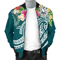 Nauru Polynesian Men's Bomber Jacket - Summer Plumeria (Turquoise) - Polynesian Pride