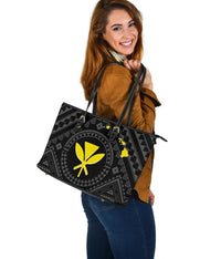 Hawaii Leather Tote Bag - Hawaii Kanaka Maoli And Map ( Black) - Polynesian Pride
