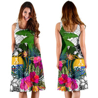 Nauru Midi Dress White - Turtle Plumeria Banana Leaf Crest - Polynesian Pride