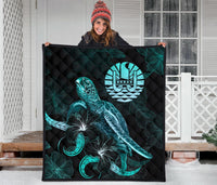 Tahiti Polynesian Premium Quilt - Turtle With Blooming Hibiscus Turquoise - Polynesian Pride