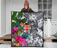 Fiji Premium Quilt White - Turtle Plumeria Banana Leaf Crest - Polynesian Pride