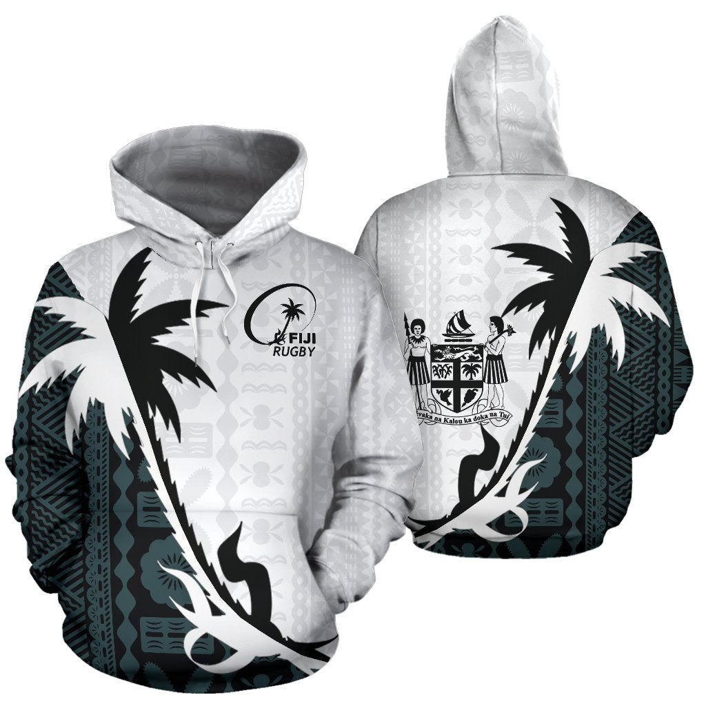 Fiji Rugby Tapa Hoodie Fiji Rugby Coat of Arms Coconut Tree Unisex White - Polynesian Pride
