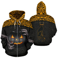 Halloween Polynesian Zip Hoodie Hold Your Pumpkins and Black Cat Unisex Black - Polynesian Pride