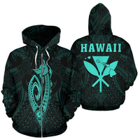 Polynesian Fish Hook Kanaka Map of Hawaii Zip Hoodie Turquoise Unisex Turquoise - Polynesian Pride