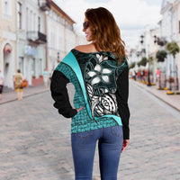 Chuuk Micronesian Women Off Shoulder Sweater Turquoise - Turtle With Hook - Polynesian Pride