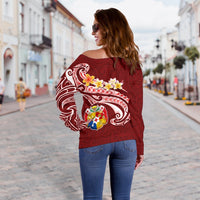 Tonga Women's Off Shoulder Sweater - Tonga Coat Of Arms With Polynesian Patterns - Polynesian Pride