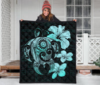 Hibiscus Plumeria Mix Polynesian Turquoise Turtle Premium Quilt - Polynesian Pride