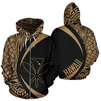 Polynesian Kanaka Maoli Map of Hawaii Zip Hoodie Gold Circle Style Unisex Gold - Polynesian Pride