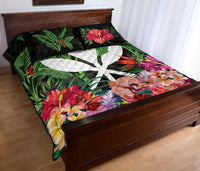 Kanaka Maoli ( Hawaiian) Quilt Bed Set - Coat Of Arms Tropical Flowers And Banana Leaves - Polynesian Pride