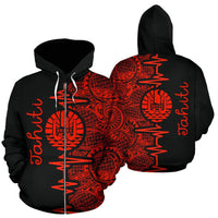 Tahiti Polynesian Zip up Hoodie Tahiti Flag Heartbeat Pattern Red Version TH0 Unisex Red - Polynesian Pride