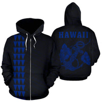 Polynesian Kakau Anchor Hibiscus Hawaii Zip Hoodie Blue Unisex Blue - Polynesian Pride