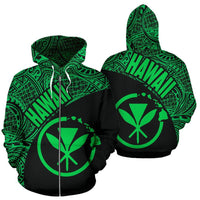 Hawaii Zip up Hoodie Hawaii Kanaka Maoli Polynesian Tattoo Black Green Version Unisex Black - Polynesian Pride