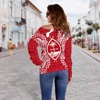 Guam Polynesian Shoulder Sweater Map Red White - Polynesian Pride