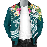 Marshall Islands Polynesian Men's Bomber Jacket - Summer Plumeria (Turquoise) - Polynesian Pride