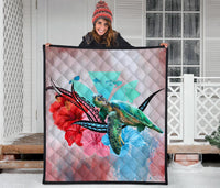 Hawaii Map Kanaka Sea Turtle Hibiscus Premium Quilt - AH - Blue Pink - Polynesian Pride