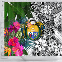 Nauru Shower Curtain White - Turtle Plumeria Banana Leaf Crest - Polynesian Pride
