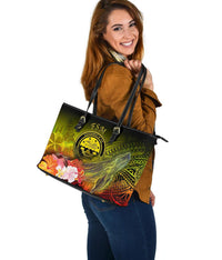 Federated States of Micronesia Large Leather Totes Bag - Humpback Whale with Tropical Flowers (Yellow) - Polynesian Pride