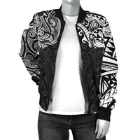 New Zealand Women's Bomber Jacket, Maori Polynesian Tattoo White - Polynesian Pride